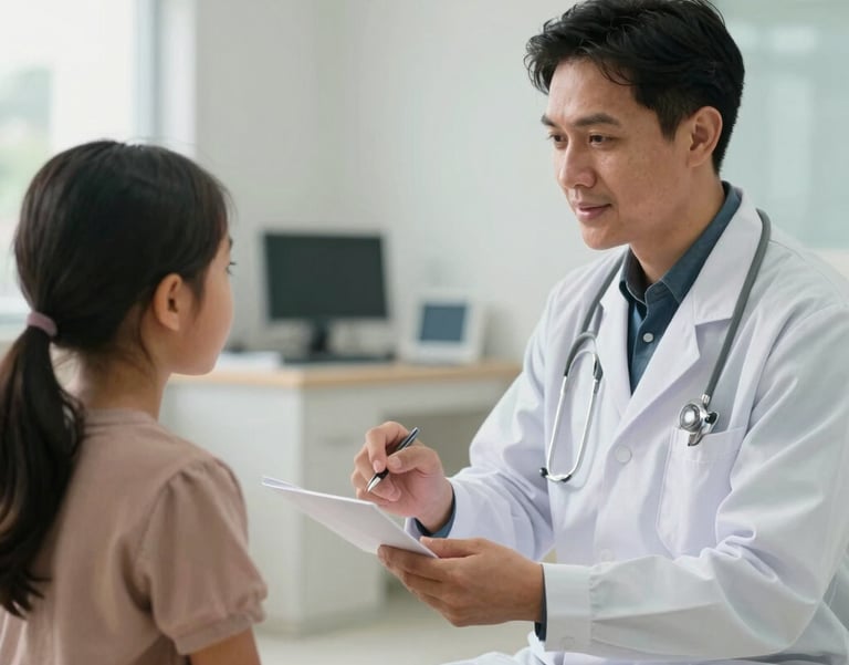A warm photograph of a Southeast Asian doctor explaining health results to a mother and child in a bright, modern clinic, conveying a sense of trust and care.