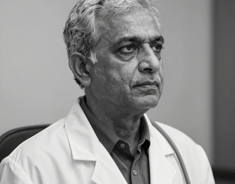 A respectful, high-quality black and white photo of an elder South Asian doctor in a white coat, looking thoughtfully into the distance, soft lighting.