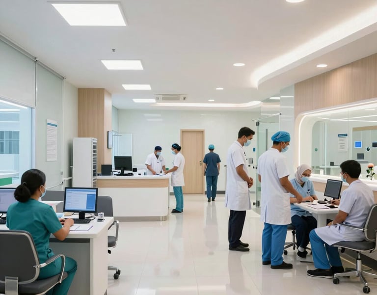 A professional wide shot of a modern healthcare facility interior in West Kalimantan, showing a clean, high-tech environment with medical professionals.