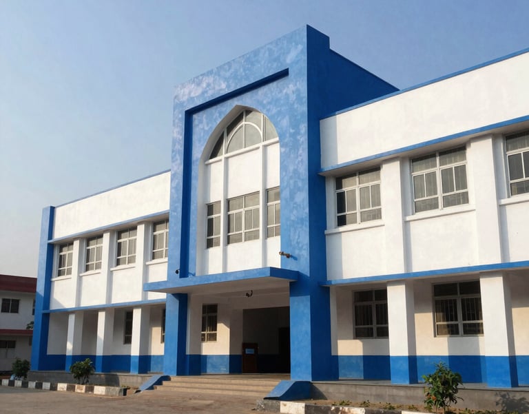 A grand exterior shot of Aman Public School in Gajraula during a sunny morning. The architecture is modern with prominent royal blue and white colors.