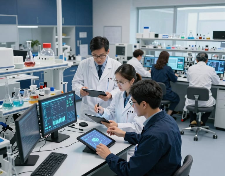 A high-angle, professional photograph of a modern North American research lab. Scientists in sleek, contemporary attire are collaborating over digital tablets and holographic-style data projections. The atmosphere is innovative and bright, with accents of navy blue and light grey throughout the interior design.
