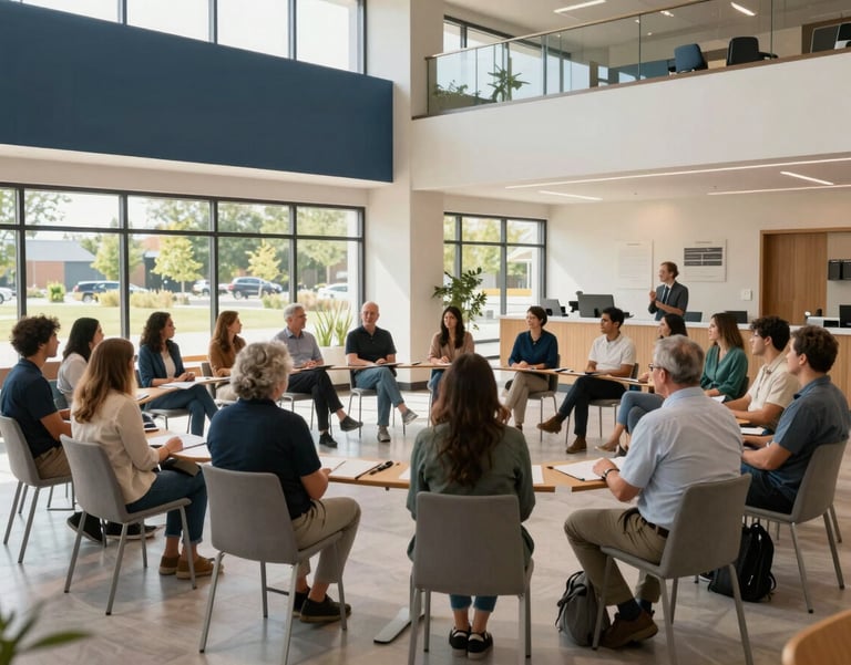 A high-quality, professional photograph of a sun-drenched, modern North American community center where people are engaged in a collaborative seminar. The setting is clean and sophisticated with slate blue and cream accents.