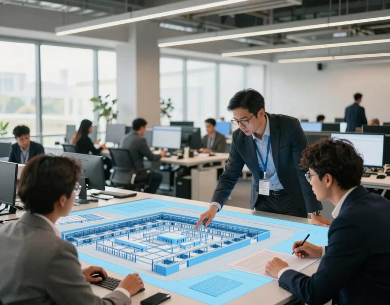 A sophisticated workspace in a South American office where event planners are reviewing a digital 3D layout of a large exhibition hall, natural lighting, professional and creative atmosphere with light blue accents.