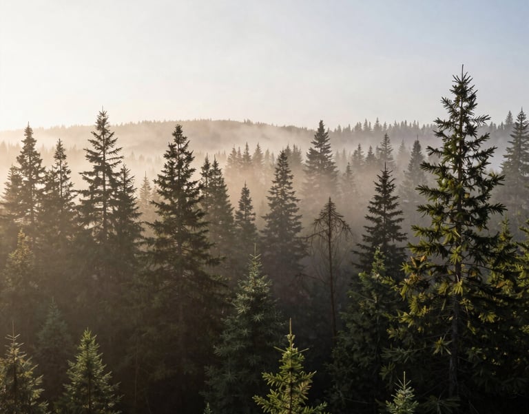 A wide-angle landscape photograph of a misty North American forest at dawn, soft sunlight filtering through cedar trees, peaceful, spacious, and uncluttered.
