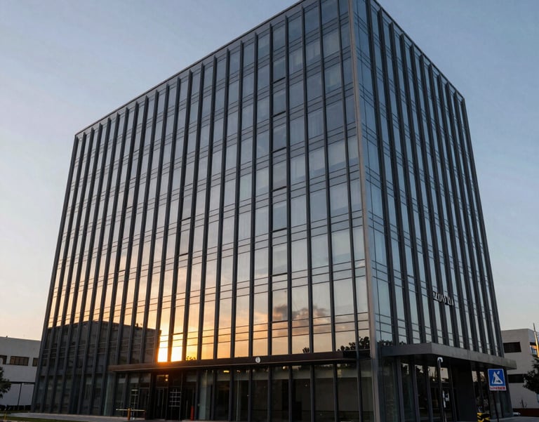 A wide-angle photograph of the Zoevita headquarters, a sleek modern building with large glass windows reflecting a South Asian sunset.