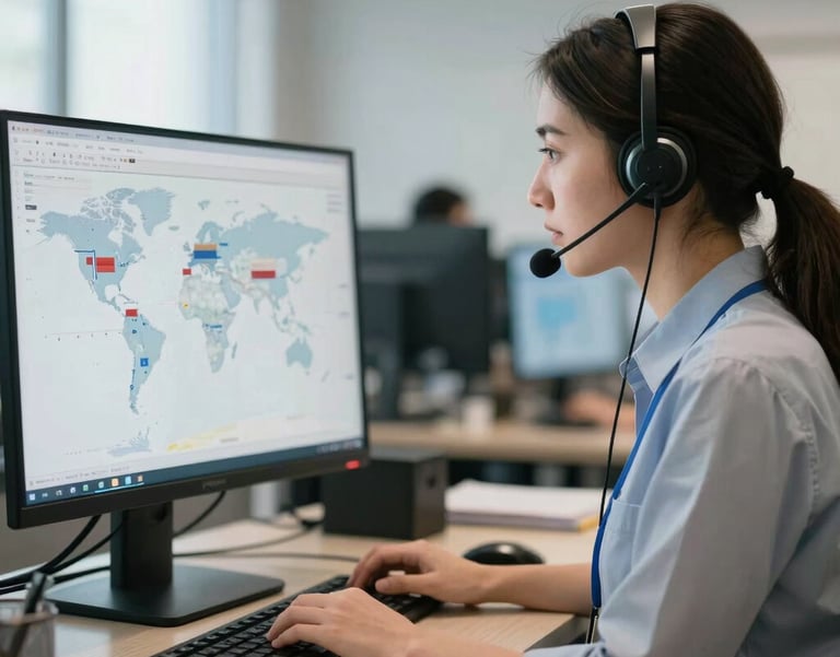 A female logistics professional in a North American office wearing a headset and looking at a computer screen showing global shipping routes, soft natural light.