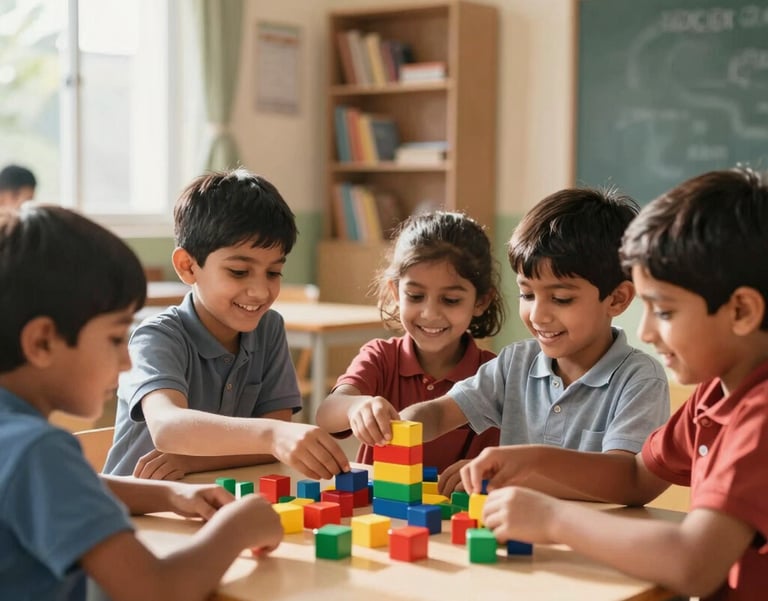 Candid photography of a group of joyful South Asian children playing with colorful educational blocks in a sunlit, modern classroom in Rudrapur. Professional, high-quality atmosphere.
