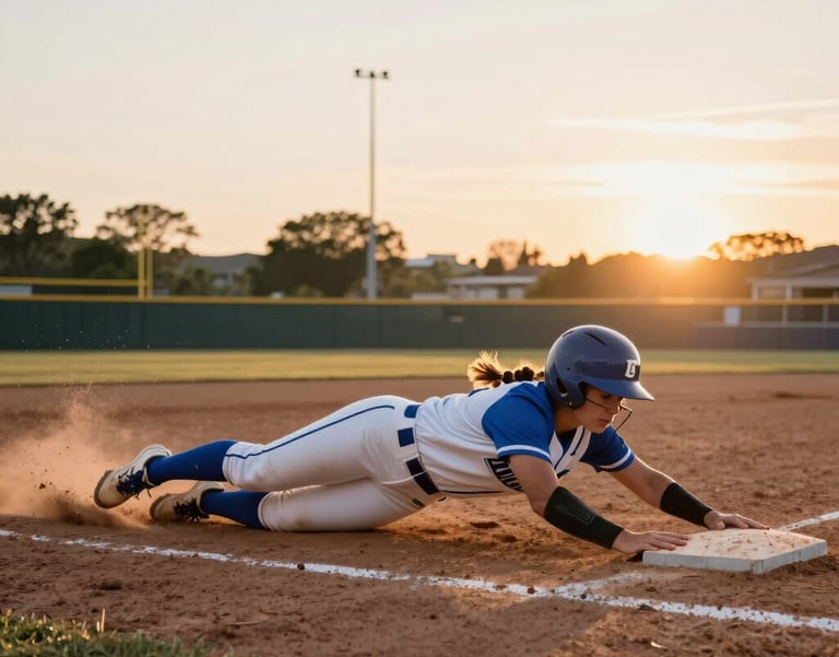 A dynamic wide-angle action shot of a competitive softball player in a blue and white uniform sliding into a base, dust rising, captured at sunset on a professional field in North American / US, high-performance athletic energy.
