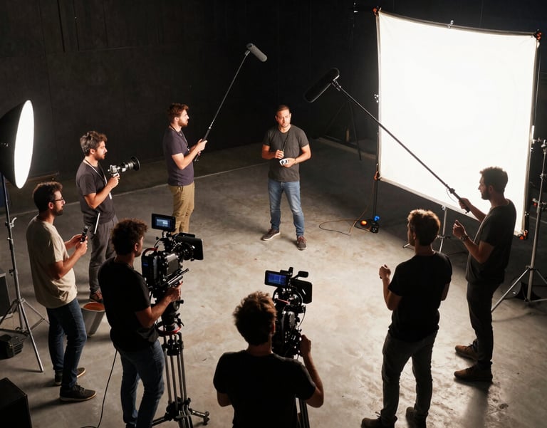 High-angle view of a professional film and music production set in South America, crew working with cameras and boom mics, elegant dynamic lighting.