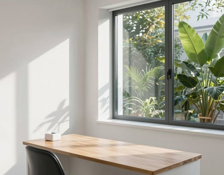 A bright and airy dental consultation room in a Southern European clinic, featuring clean white lines, a minimalist wooden desk, and a large window showing lush green plants, bathed in soft morning light, reflecting a calm professional atmosphere.