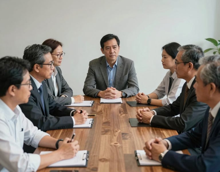 A wide angle shot of a group of mature Southeast Asian professionals having a serious but positive meeting around a wooden table, photography.