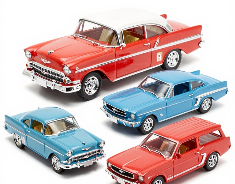 Collection of vintage diecast model cars including a red 1956 Chevy Bel Air and blue Ford Mustang.