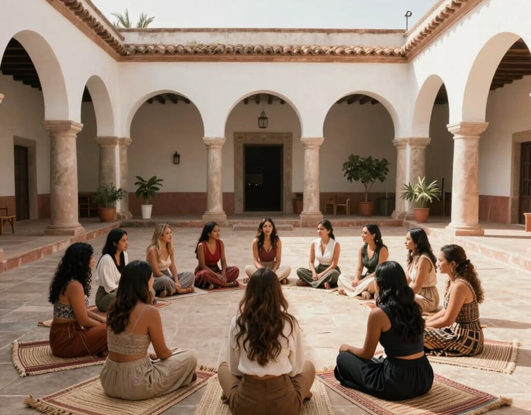Wide-angle photography of a group of women sitting in a circle on woven rugs in a sun-drenched courtyard with arched walkways, Latin American / Spanish hacienda style, soft shadows, sophisticated atmosphere.