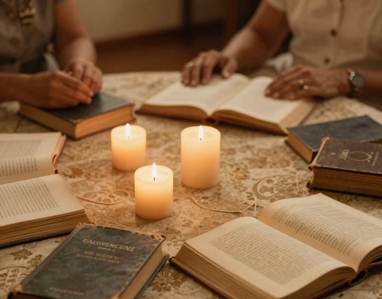 A vintage-style photo of a Brazilian spiritual consultation room from decades ago, showing aged books and candles. Warm, nostalgic golden tones.
