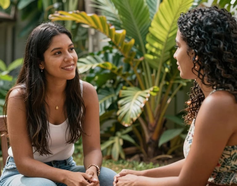 A photography of two women, South American, one a professional and one a patient, talking warmly in a sun-drenched garden setting with tropical Brazilian plants.