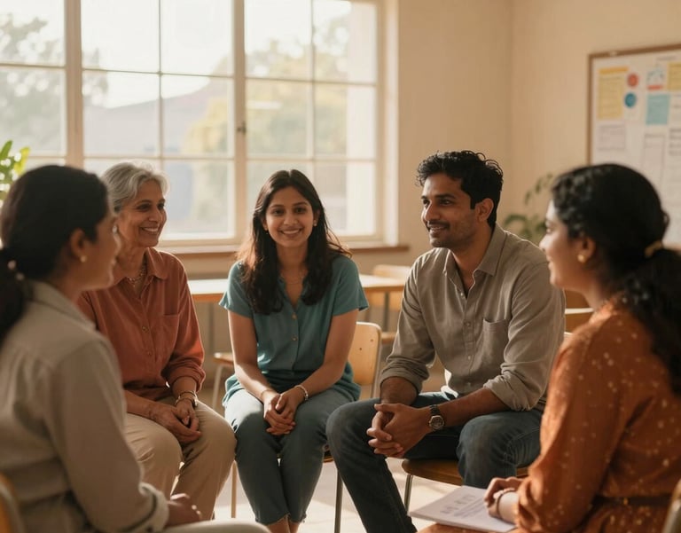 A warm, inspiring photograph of a South Asian / Indian community meeting where diverse family members are smiling and discussing plans together. Soft orange and light yellow sunlight filters through the window of a modern community hall.