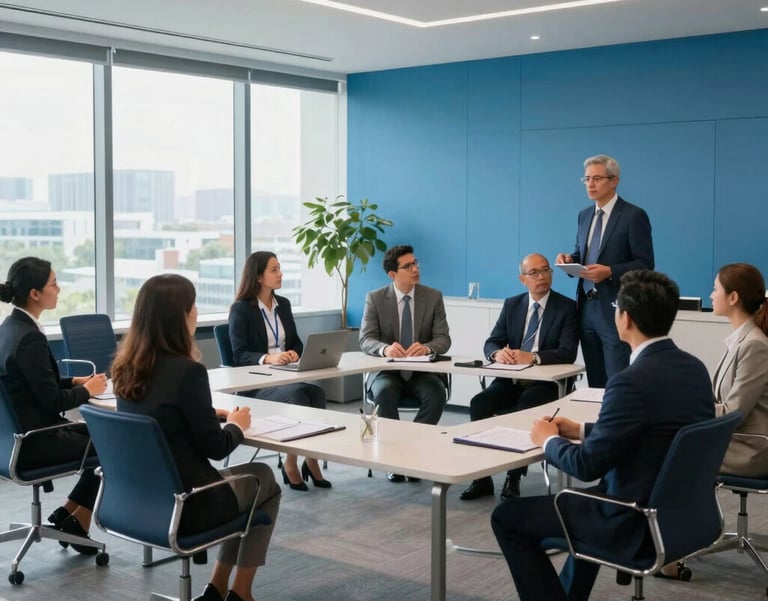 Modern corporate executive training session in a South American business hub, professionals engaged in a workshop, bright light blue interior, sleek furniture, high-end professional atmosphere.