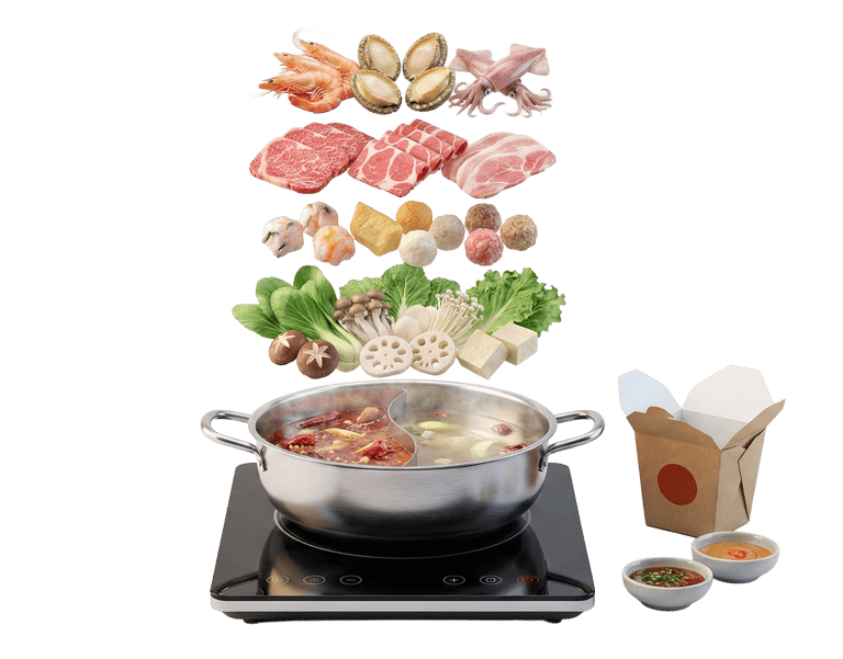 a split hotpot with spicy red and clear herbal broths surrounded by fresh ingredients.