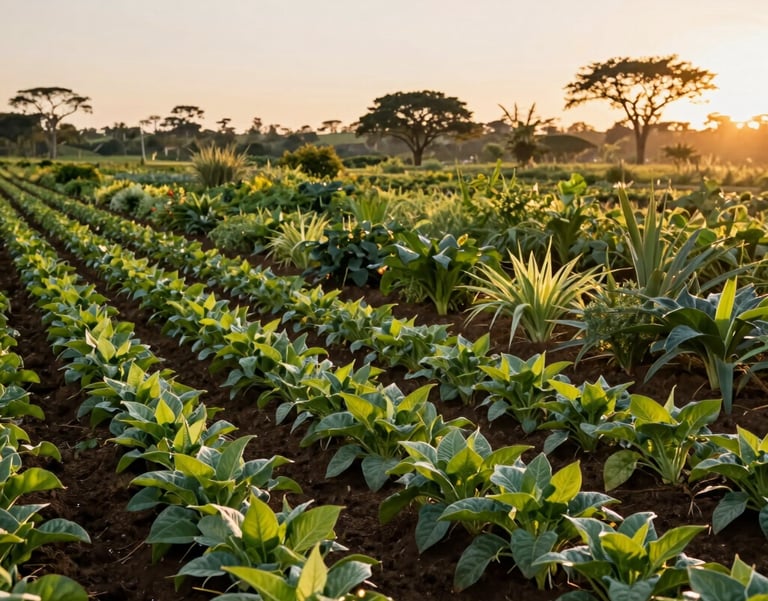 A wide-angle photography shot of a lush organic garden in the Brazilian Agreste region during golden hour, with neat rows of green crops and a soft sunset glow reflecting off the foliage, South American / Brazilian landscape.