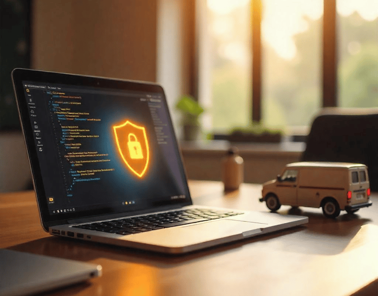 Portátil con icono de seguridad encendido y mini furgoneta sobre una mesa de oficina, al atardecer.
