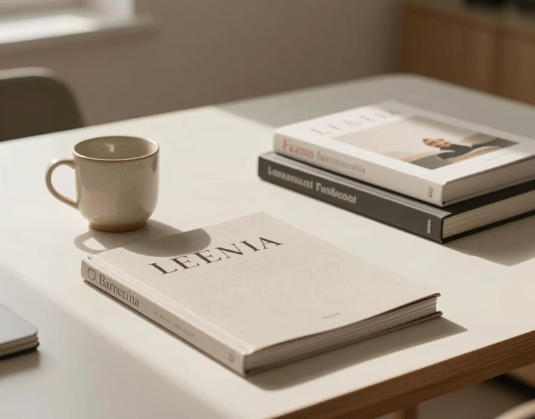 A minimalist editorial workspace in a Spanish-speaking city, featuring an off-white table, a single ceramic cup, and a stack of neutral design books, bathed in warm natural light.