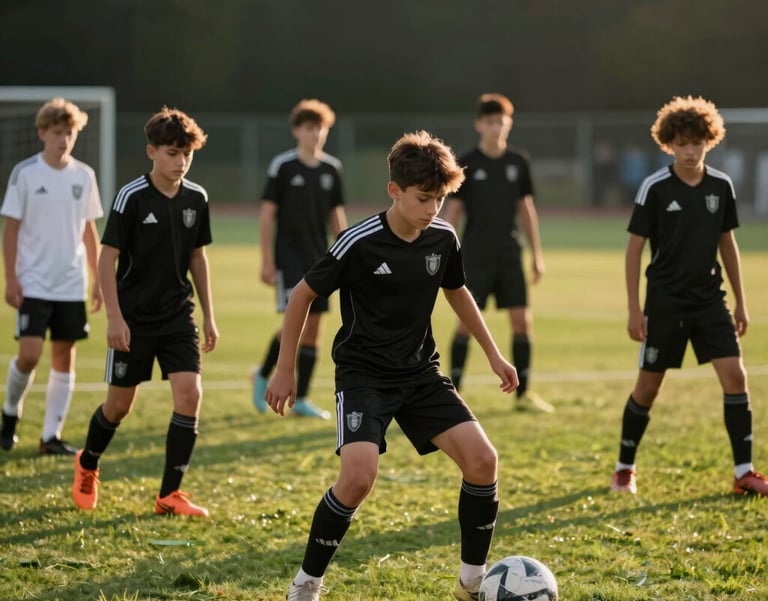 A high-action shot of diverse teenage boys and girls aged 11 to 16 training on a pristine green European soccer pitch. They are wearing sleek black and white training kits. Warm sunset lighting. The mood is intense and professional. Cinematic photography style.
