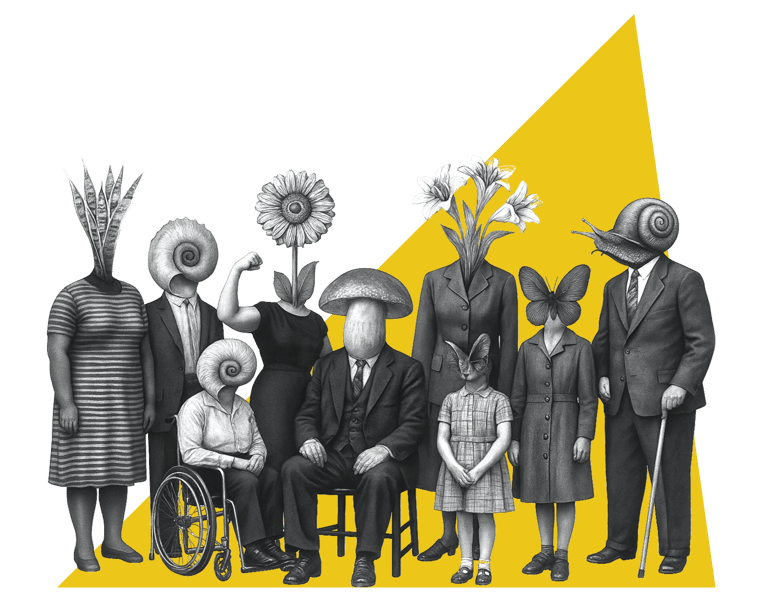 Collage aus verschiedenen Figuren, darunter eine Person im Rollstuhl, Naturköpfe.