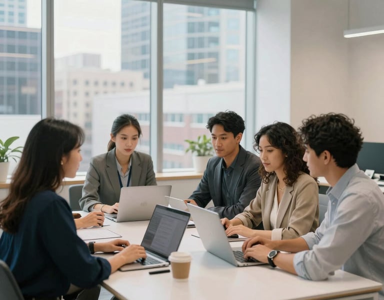 A professional photography shot of a bright, modern office space in a North American city. Diverse team members are collaborating around a clean white table, with soft natural light entering through large windows. The interior features sky blue and off-white accents.