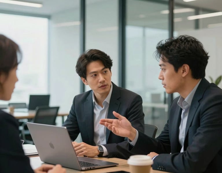 A professional photography shot of a meeting taking place in a bright, glass-walled office in the US. Two people are talking over a laptop in a modern, inclusive setting.