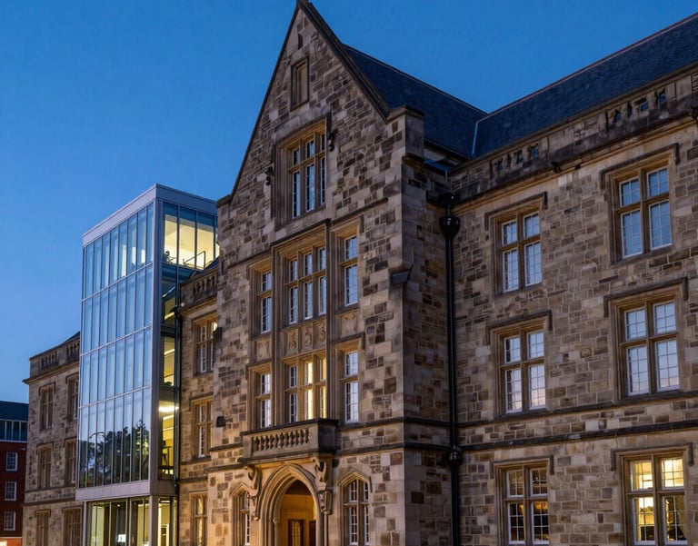 A professional photography shot of a historic university building made of stone, paired with a modern glass extension. The sky is a deep blue at dusk. International academic setting.