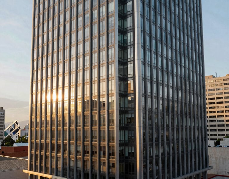 A panoramic shot of a modern building facade with glass and steel, located in a thriving Latin American business district, morning sun.