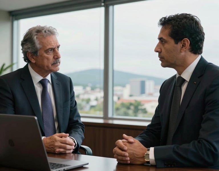 Two professional South American / Brazilian lawyers having a serious discussion in a modern office with large windows overlooking Santos, Brazil.