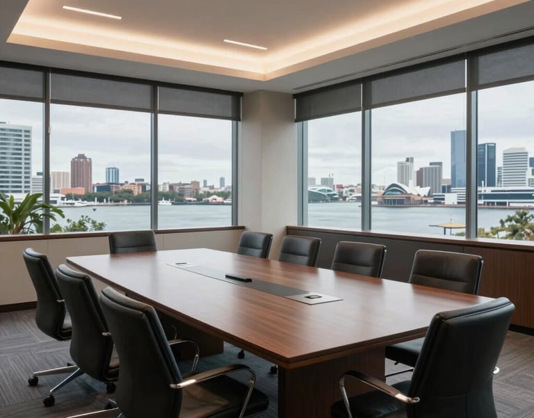 Wide shot of a professional meeting room in an Oceania / Australian law firm with a view of a harbor, elegant and serene lighting, conveying high-quality service.