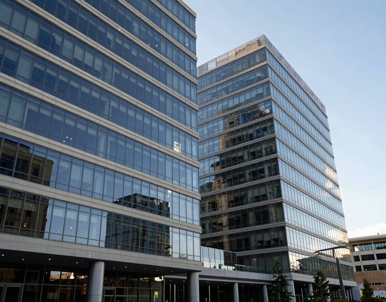 A wide-angle landscape photograph of the modern, glass-facade headquarters of a global foundation in Seattle, North American / US, with off-white and professional dark blue reflections.