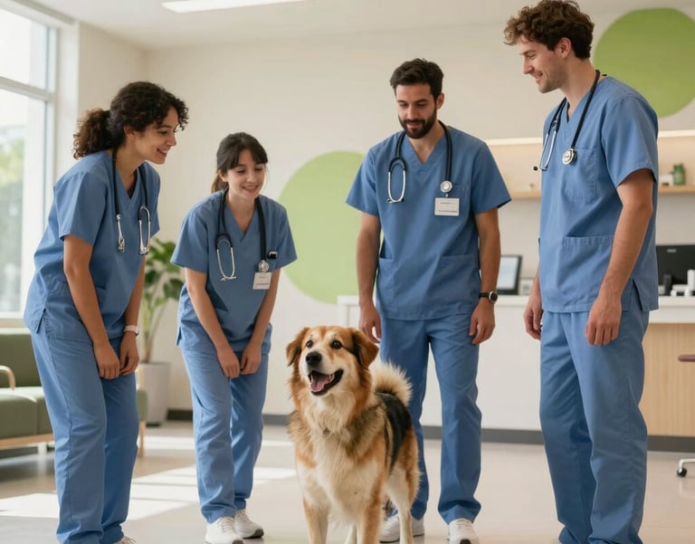 A heartwarming photo of a veterinary team in North American scrubs interacting with a happy dog in a bright, modern lobby with off-white and green accents.