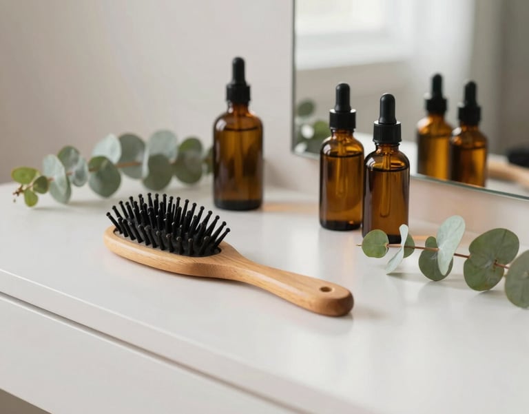 A serene, minimalist vanity table in a bright North American room, displaying natural wooden hairbrushes, botanical oils in amber glass bottles, and fresh eucalyptus leaves.