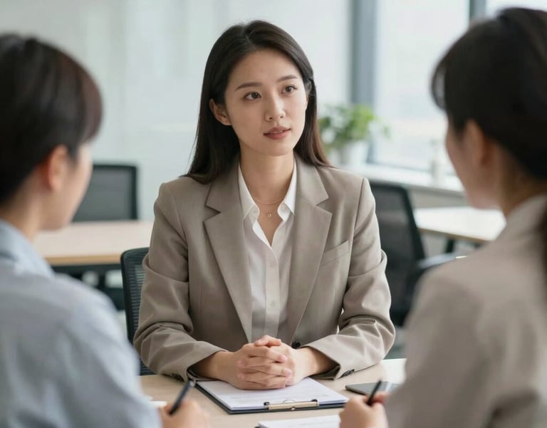 A professional recruitment consultant in a modern North American office interviewing a candidate, neutral professional attire, bright and airy office setting.