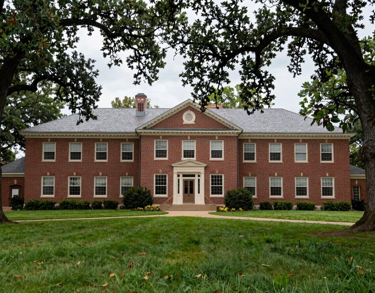 A wide photography shot of a North American / US traditional brick building used for education, surrounded by tall oak trees in a lush green lawn.