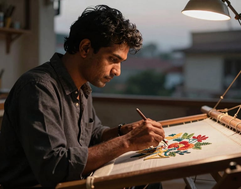 Cinematic side profile of a South Asian / Indian artisan working on an embroidery frame, warm evening light, deep shadows, professional focus.