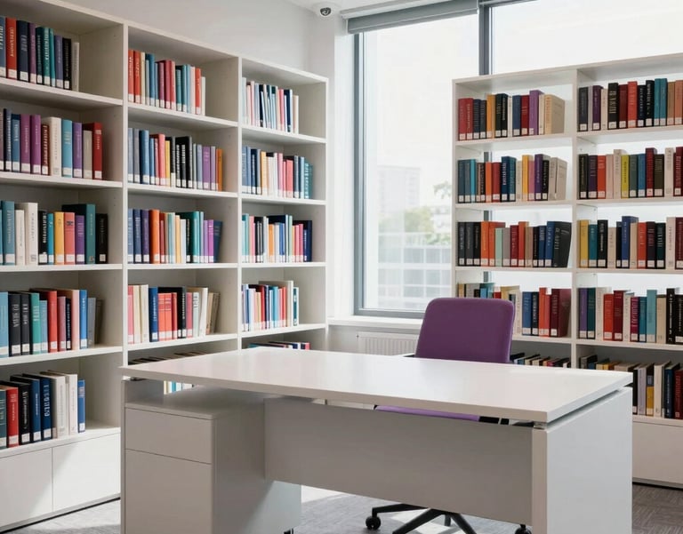 A bright, modern North American office space where bookshelves are organized by color. A large white desk sits in front of a window. Soft purple cushions on a chair.