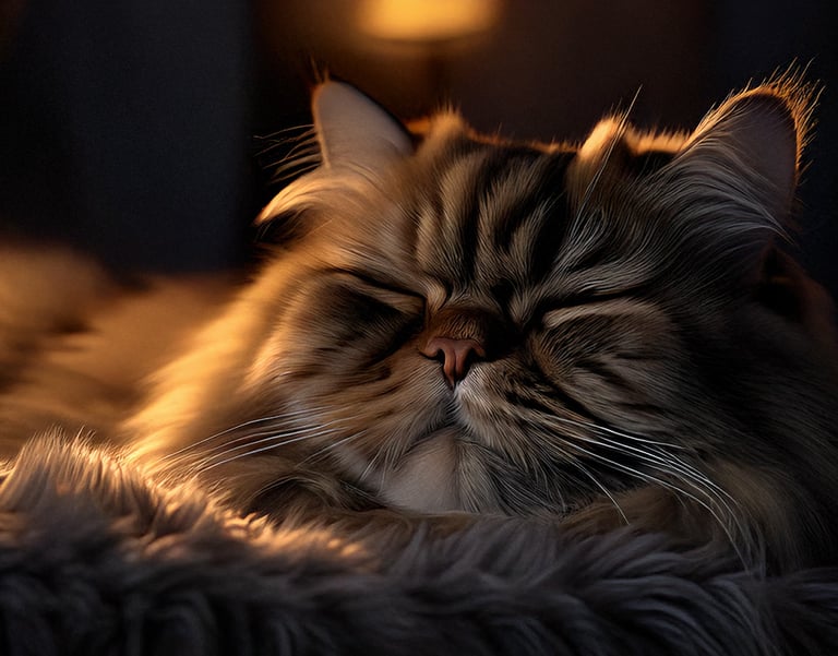 Yumuşak bir yatakta huzurla uyuyan mutlu bir kedi, rahat ve sağlıklı bir yaşamın keyfini çıkarıyor