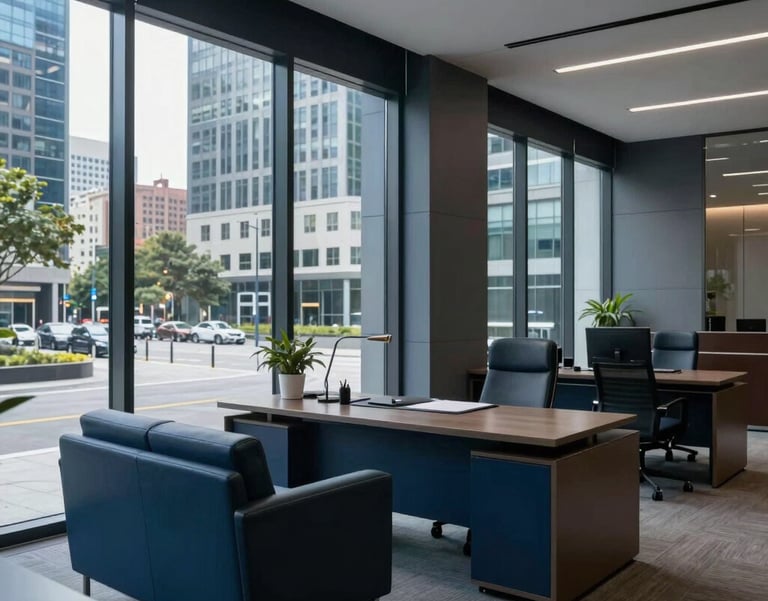 High-quality photograph of a modern law office interior. Sleek furniture, glass walls, and a view of a city plaza. Dark blue and gray-blue accents. Global / Spanish-speaking.
