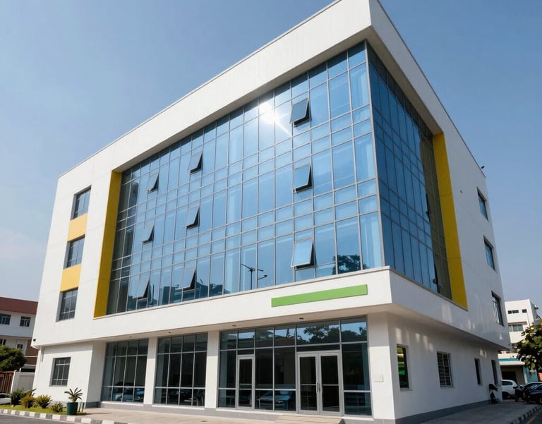 A wide-angle professional photograph of a modern coaching institute building in a South Asian city during the daytime. The architecture is sleek with large glass windows reflecting a bright blue sky, and a clean white facade with subtle yellow and green accents.