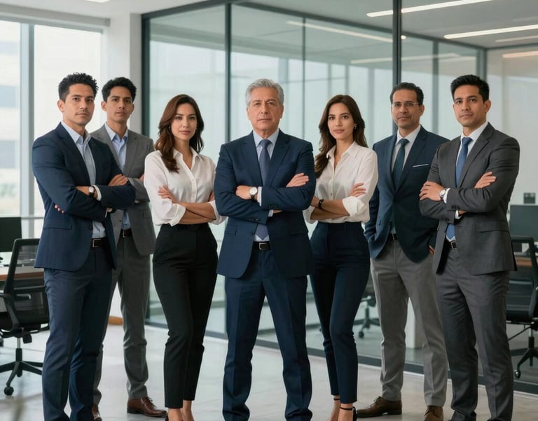 Full-length shot of a professional Latin American consulting team standing together in a modern, glass-walled office, looking confident.