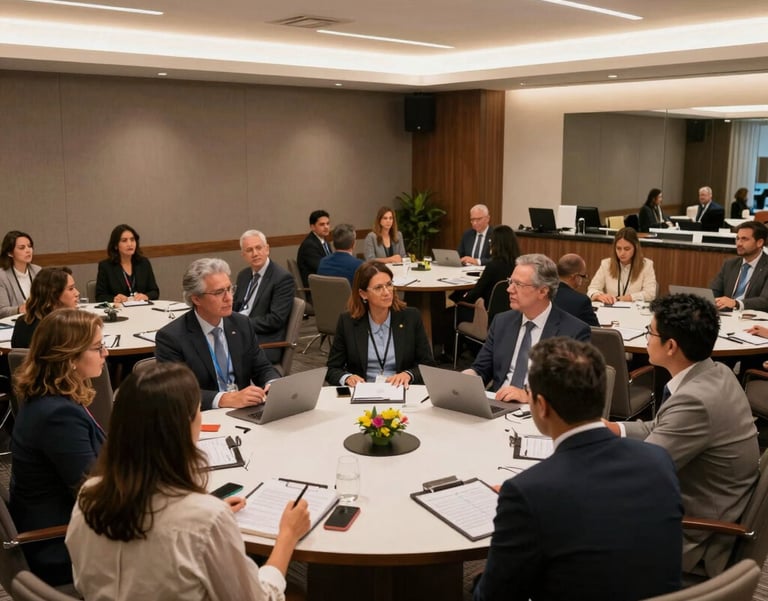 Wide shot of a professional workshop in a modern Brazilian hotel conference room, participants seated at round tables, vibrant but serious professional atmosphere.