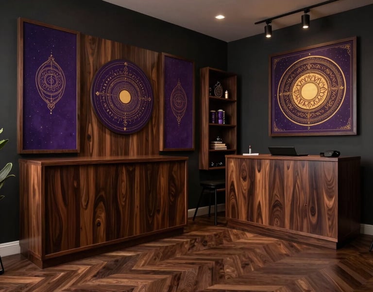 A wide angle shot of a professional esoteric studio in Brazil, featuring elegant dark wood and subtle mystical decorations in purple and gold.