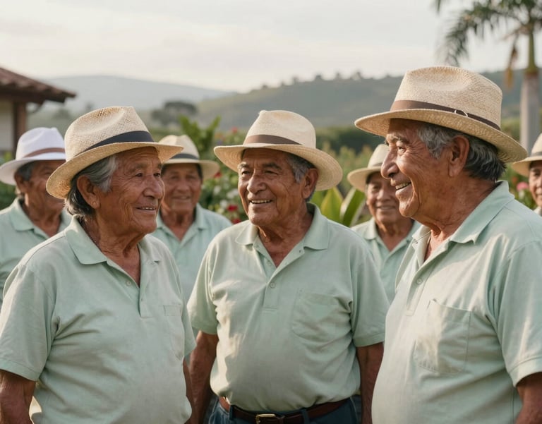 Warm photography of a group of seniors smiling together in a garden in San Alfonso, Huila, Colombian countryside, morning light, light sage tones.