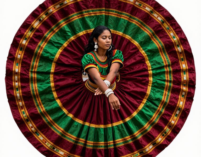 A professional South American / Brazilian Amazonian photograph of a vibrant Carimbó dance rehearsal. A dancer spins a wide, colorful skirt with rich deep carmine red and forest green patterns. Cropped into a distinct, perfect circle format.