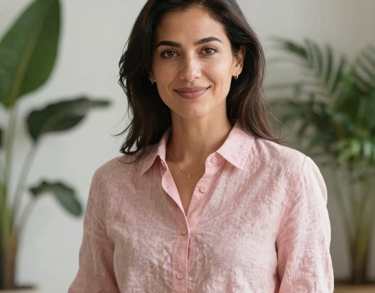 A professional woman with dark hair in a soft pink linen shirt, smiling gently in a bright Italian interior with plants, elegant photography style.