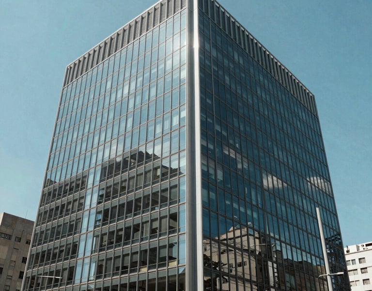 A wide photography shot of a modern glass-walled office building in a major South American city, reflecting a clear blue sky, symbolizing transparency and growth.